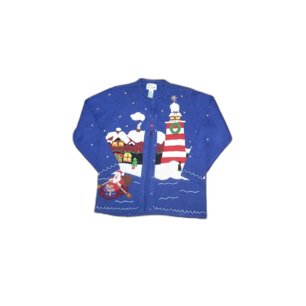 The Quacker Factory Lighthouse Christmas Snow Santa Holidays 90s y2k Cardigan